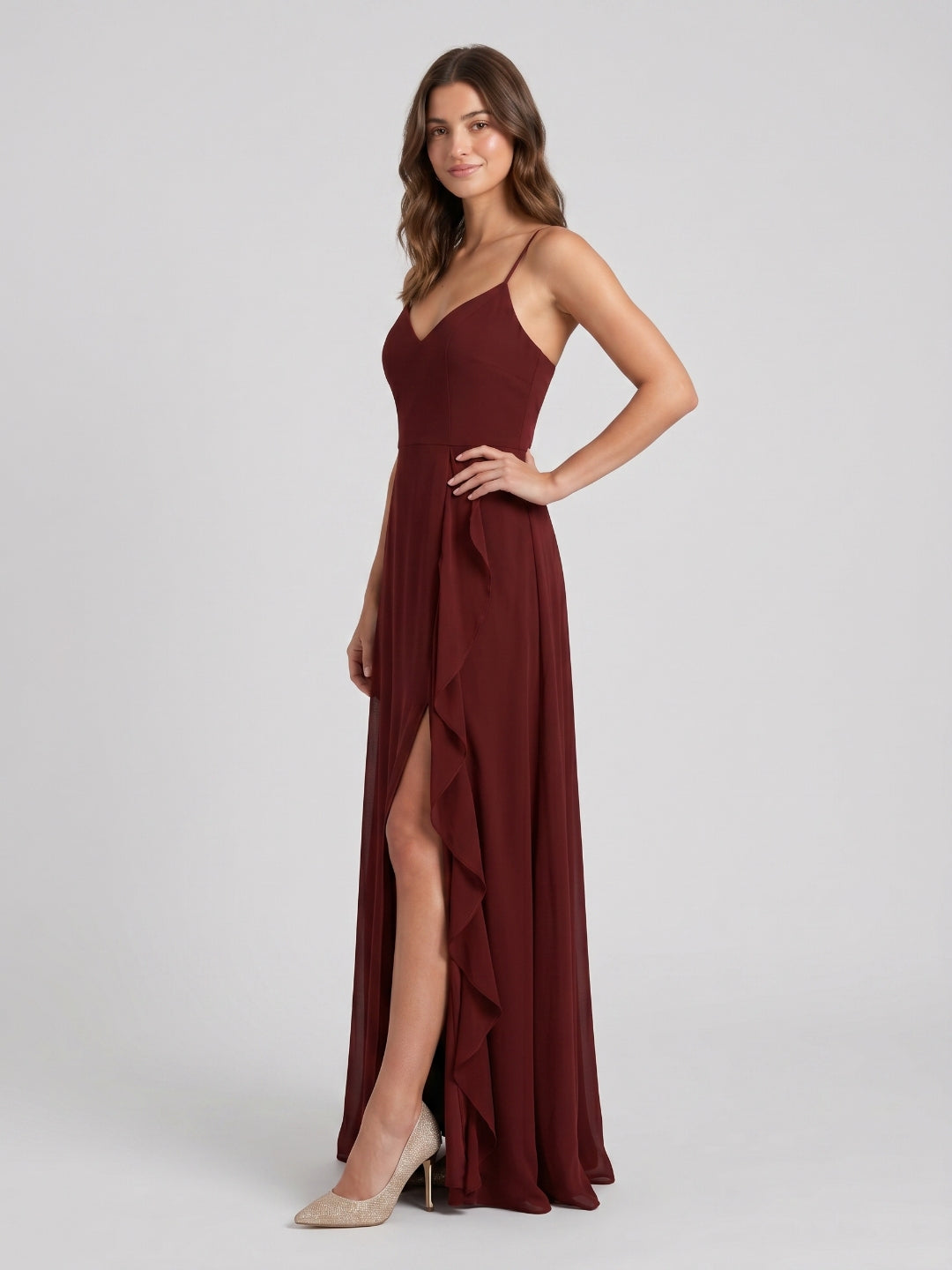 Burgundy Chiffon A-Line V-Neck Back Zip Floor-Length Bridesmaid Dress with Ruffles - Curvevia