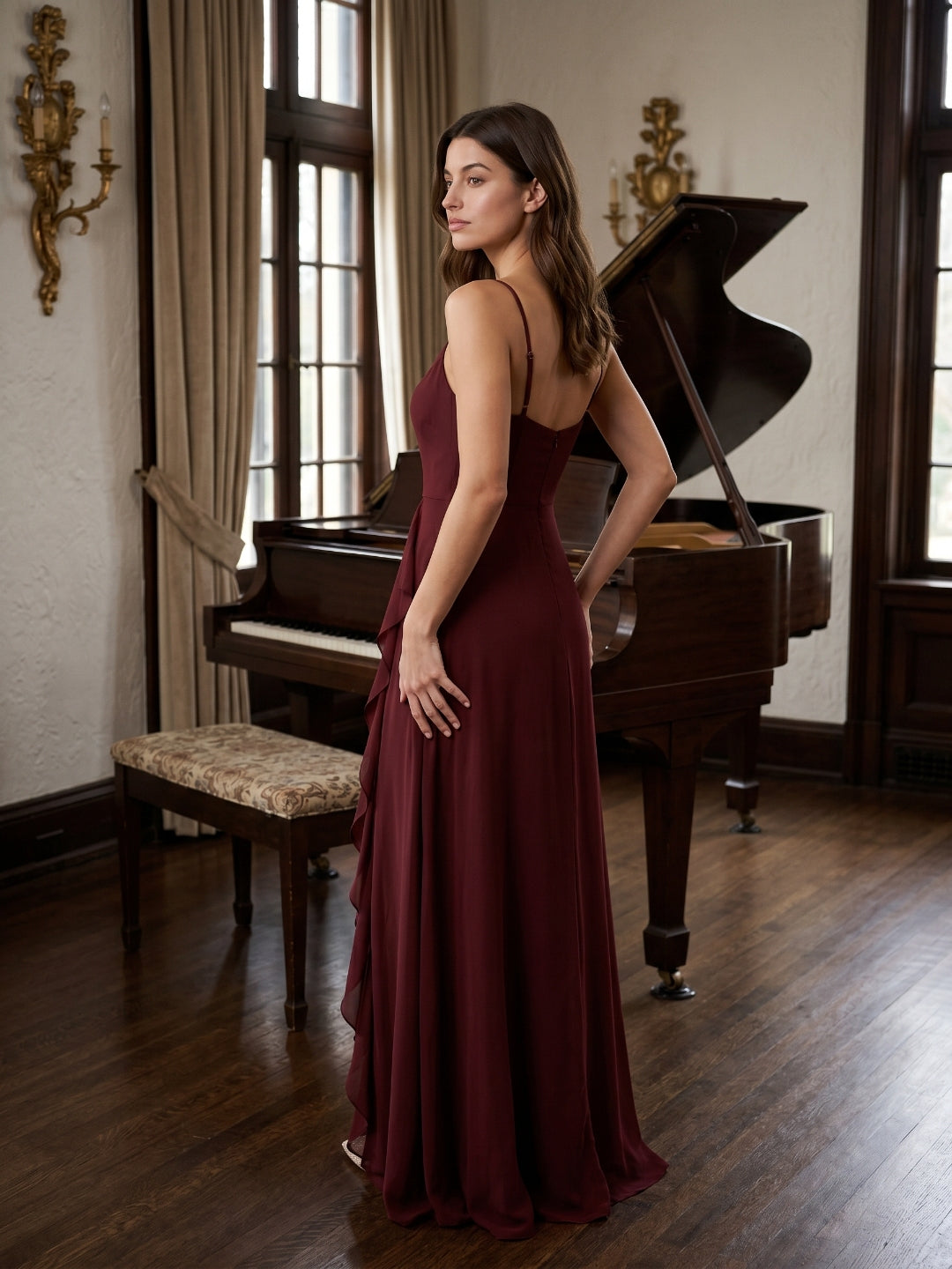 Burgundy Chiffon A-Line V-Neck Back Zip Floor-Length Bridesmaid Dress with Ruffles - Curvevia