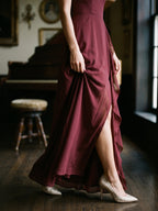 Burgundy Chiffon A-Line V-Neck Back Zip Floor-Length Bridesmaid Dress with Ruffles - Curvevia
