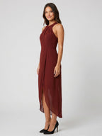 Burgundy Chiffon Sheath Halter Back Zip Knee-Length Bridesmaid Dress with Pleats - Curvevia