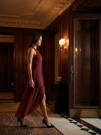 Burgundy Chiffon Sheath Halter Back Zip Knee-Length Bridesmaid Dress with Pleats - Curvevia