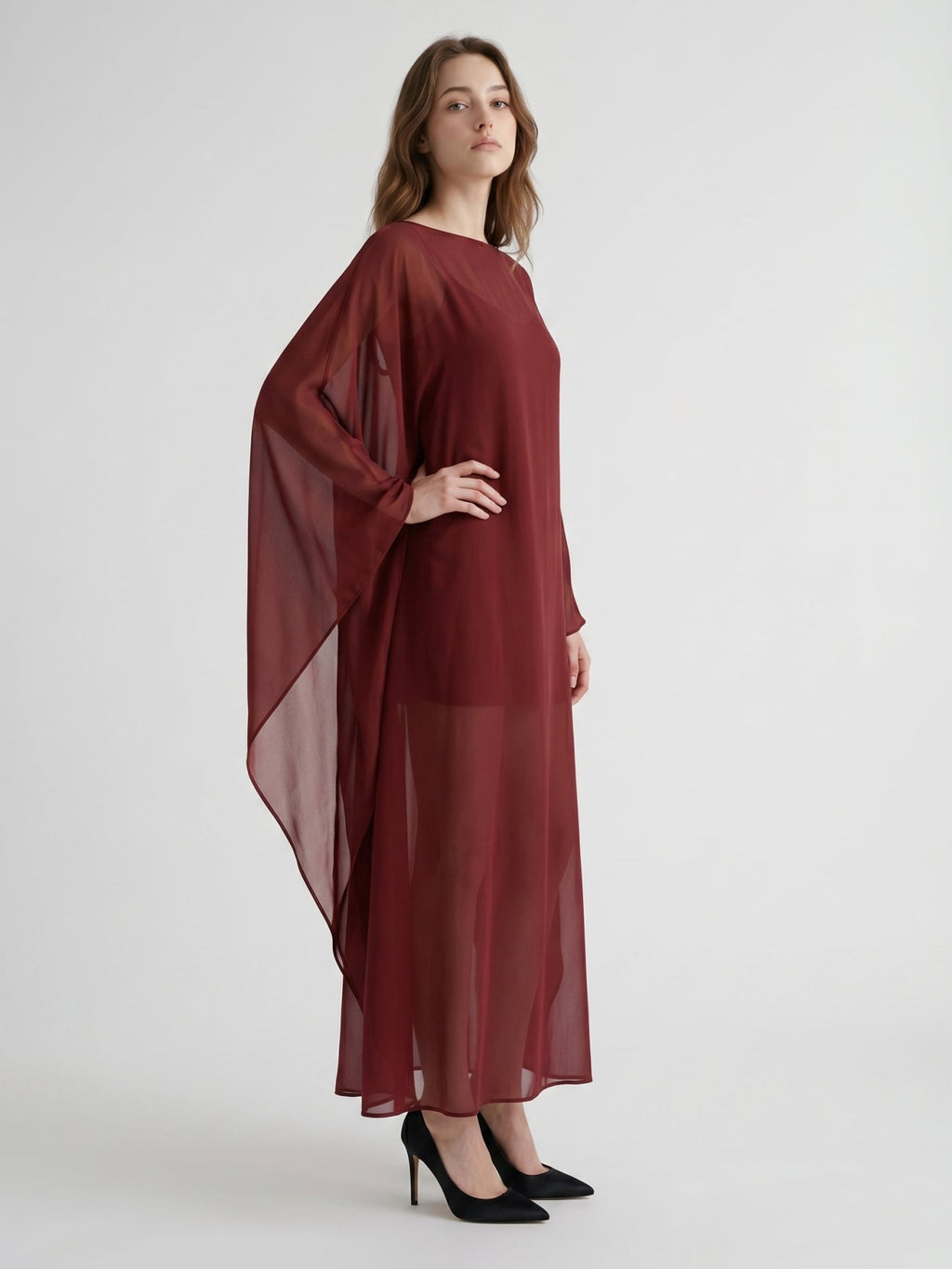 Burgundy Chiffon Sheath Scoop Neck Illusion Ankle-Length Bridesmaid Dress with Cape - Curvevia