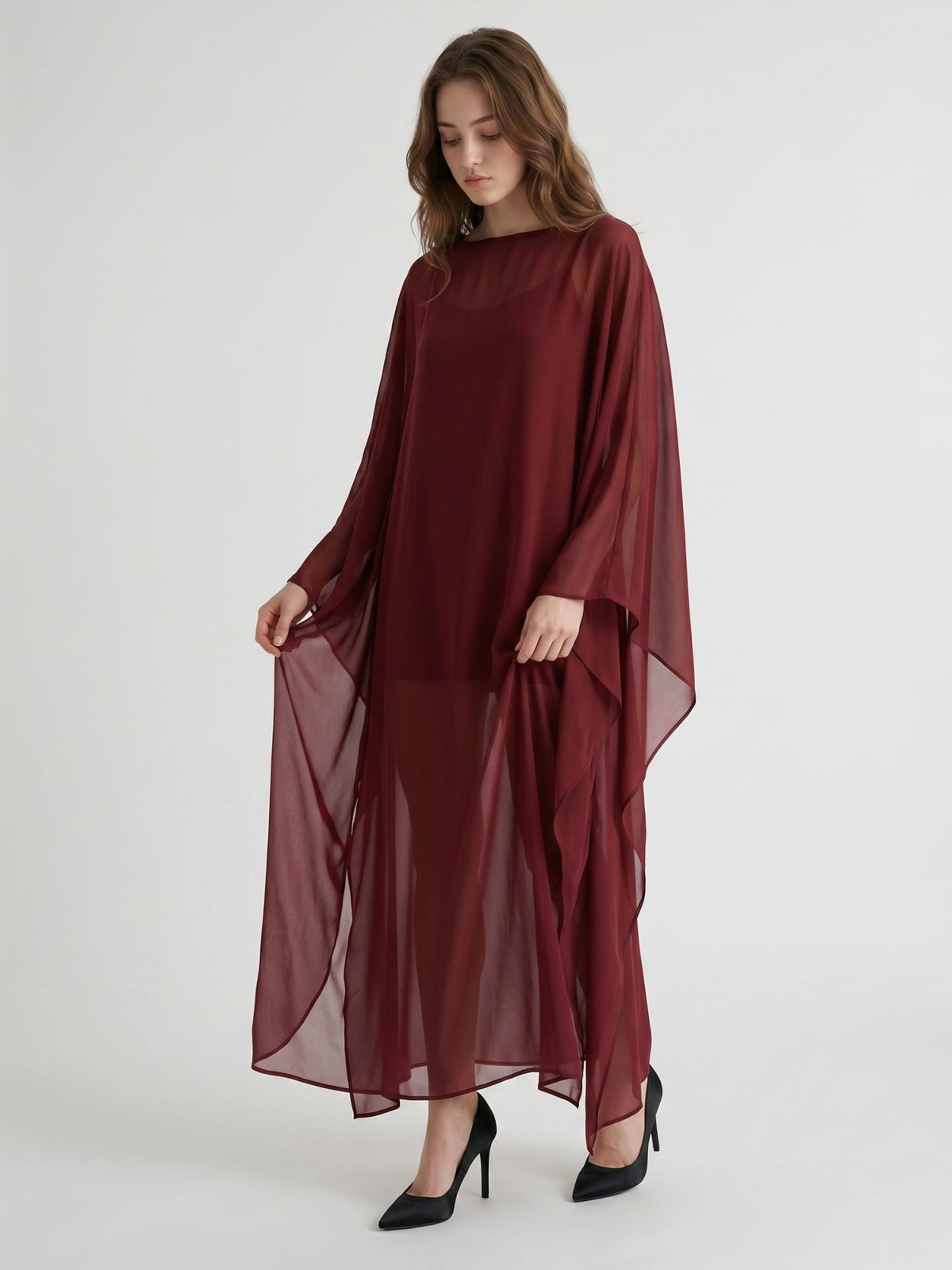 Burgundy Chiffon Sheath Scoop Neck Illusion Ankle-Length Bridesmaid Dress with Cape - Curvevia