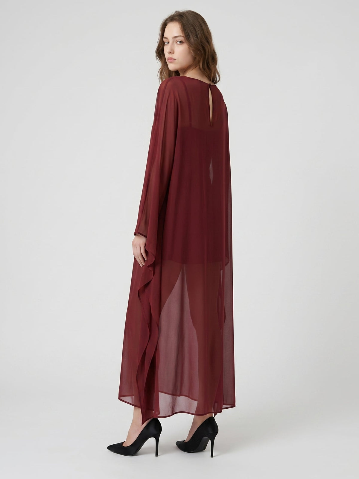 Burgundy Chiffon Sheath Scoop Neck Illusion Ankle-Length Bridesmaid Dress with Cape - Curvevia