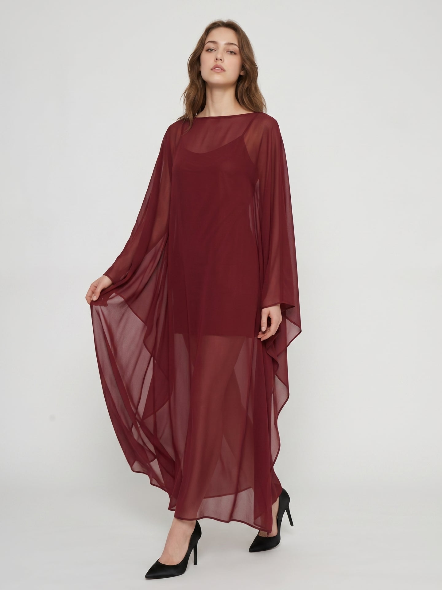 Burgundy Chiffon Sheath Scoop Neck Illusion Ankle-Length Bridesmaid Dress with Cape - Curvevia