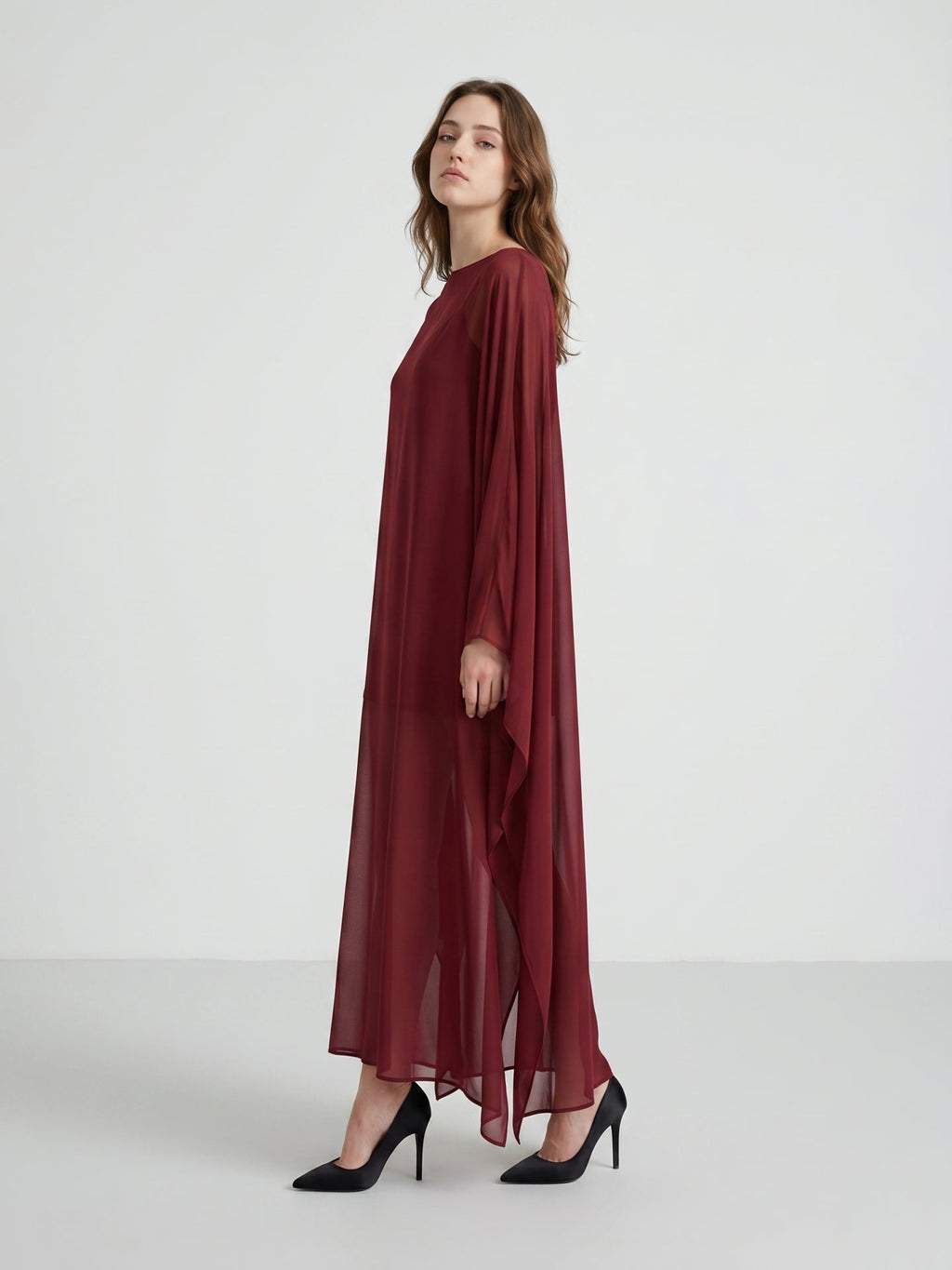 Burgundy Chiffon Sheath Scoop Neck Illusion Ankle-Length Bridesmaid Dress with Cape - Curvevia