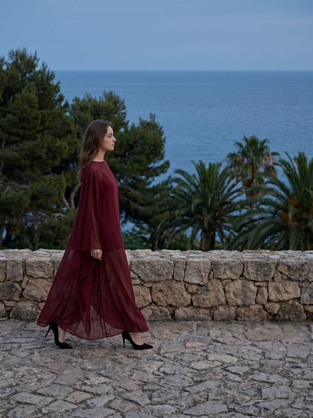 Burgundy Chiffon Sheath Scoop Neck Illusion Ankle-Length Bridesmaid Dress with Cape - Curvevia