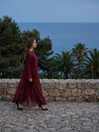Burgundy Chiffon Sheath Scoop Neck Illusion Ankle-Length Bridesmaid Dress with Cape - Curvevia