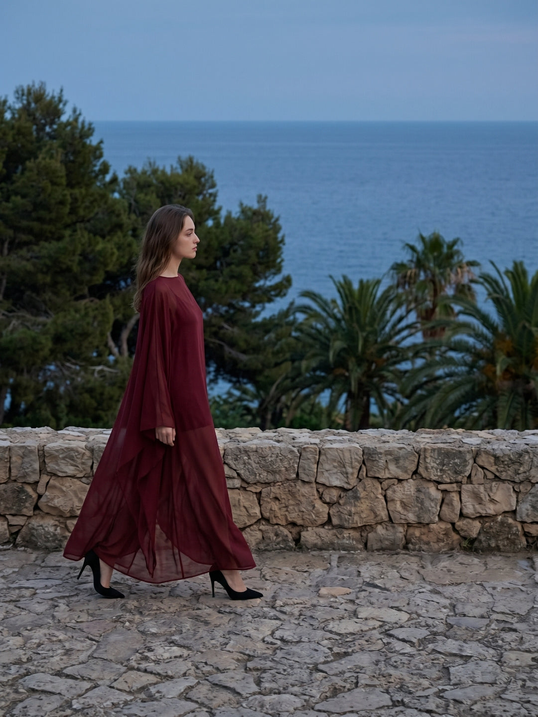 Burgundy Chiffon Sheath Scoop Neck Illusion Ankle-Length Bridesmaid Dress with Cape - Curvevia