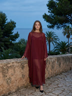 Burgundy Chiffon Sheath Scoop Neck Illusion Ankle-Length Bridesmaid Dress with Cape - Curvevia