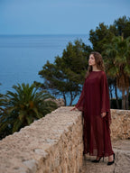 Burgundy Chiffon Sheath Scoop Neck Illusion Ankle-Length Bridesmaid Dress with Cape - Curvevia