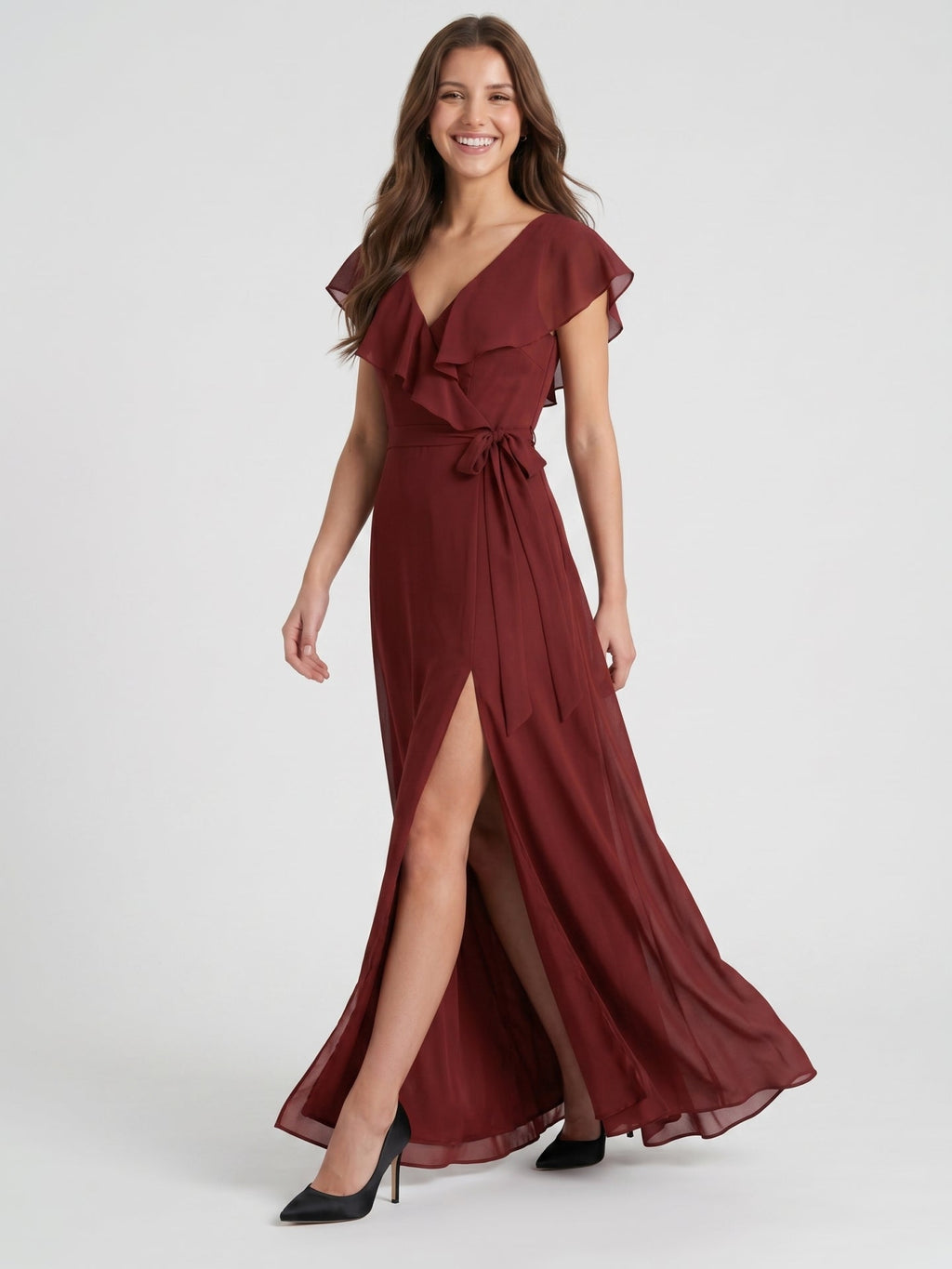 Burgundy Chiffon Trumpet V-Neck V-Back Ankle-Length Bridesmaid Dress with Ruffles - Curvevia