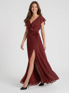 Burgundy Chiffon Trumpet V-Neck V-Back Ankle-Length Bridesmaid Dress with Ruffles - Curvevia