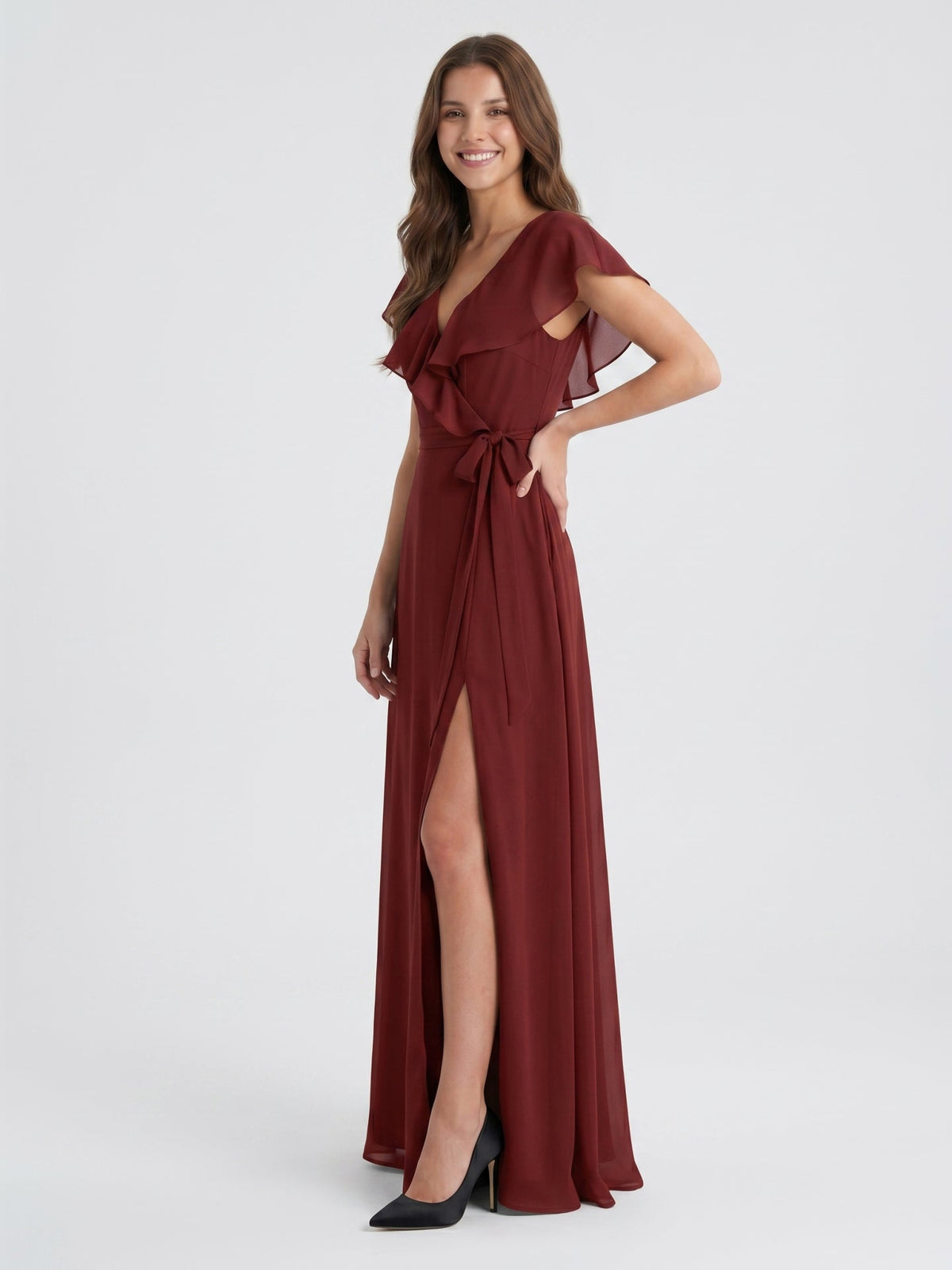 Burgundy Chiffon Trumpet V-Neck V-Back Ankle-Length Bridesmaid Dress with Ruffles - Curvevia