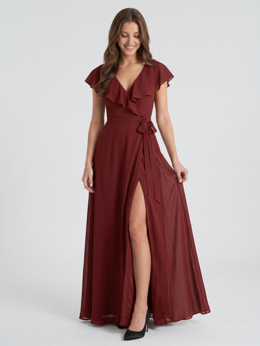 Burgundy Chiffon Trumpet V-Neck V-Back Ankle-Length Bridesmaid Dress with Ruffles - Curvevia