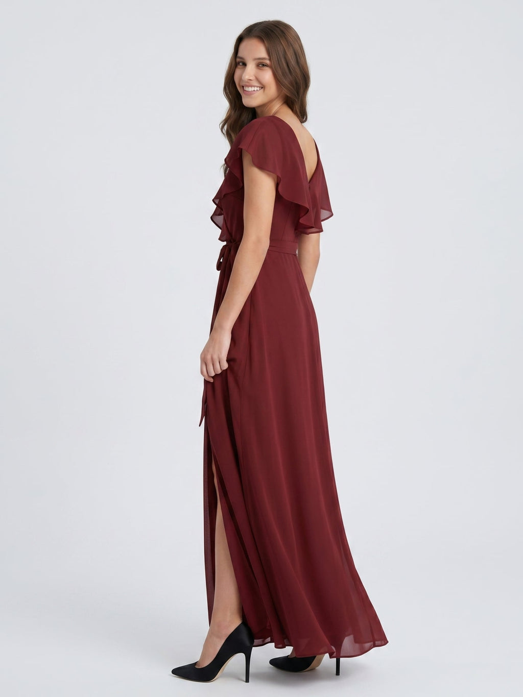 Burgundy Chiffon Trumpet V-Neck V-Back Ankle-Length Bridesmaid Dress with Ruffles - Curvevia
