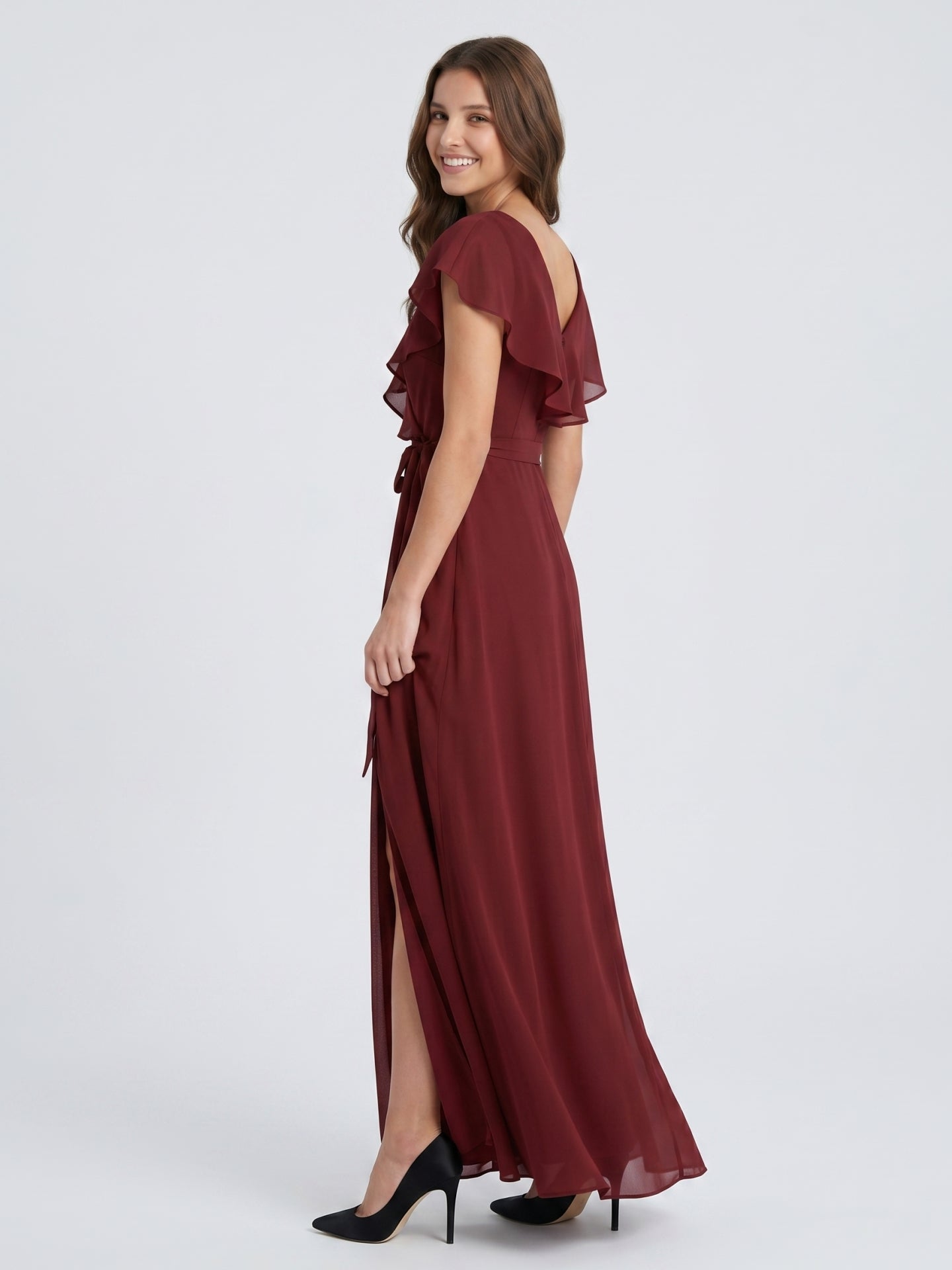 Burgundy Chiffon Trumpet V-Neck V-Back Ankle-Length Bridesmaid Dress with Ruffles - Curvevia