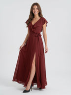 Burgundy Chiffon Trumpet V-Neck V-Back Ankle-Length Bridesmaid Dress with Ruffles - Curvevia