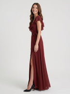 Burgundy Chiffon Trumpet V-Neck V-Back Ankle-Length Bridesmaid Dress with Ruffles - Curvevia