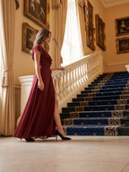 Burgundy Chiffon Trumpet V-Neck V-Back Ankle-Length Bridesmaid Dress with Ruffles - Curvevia