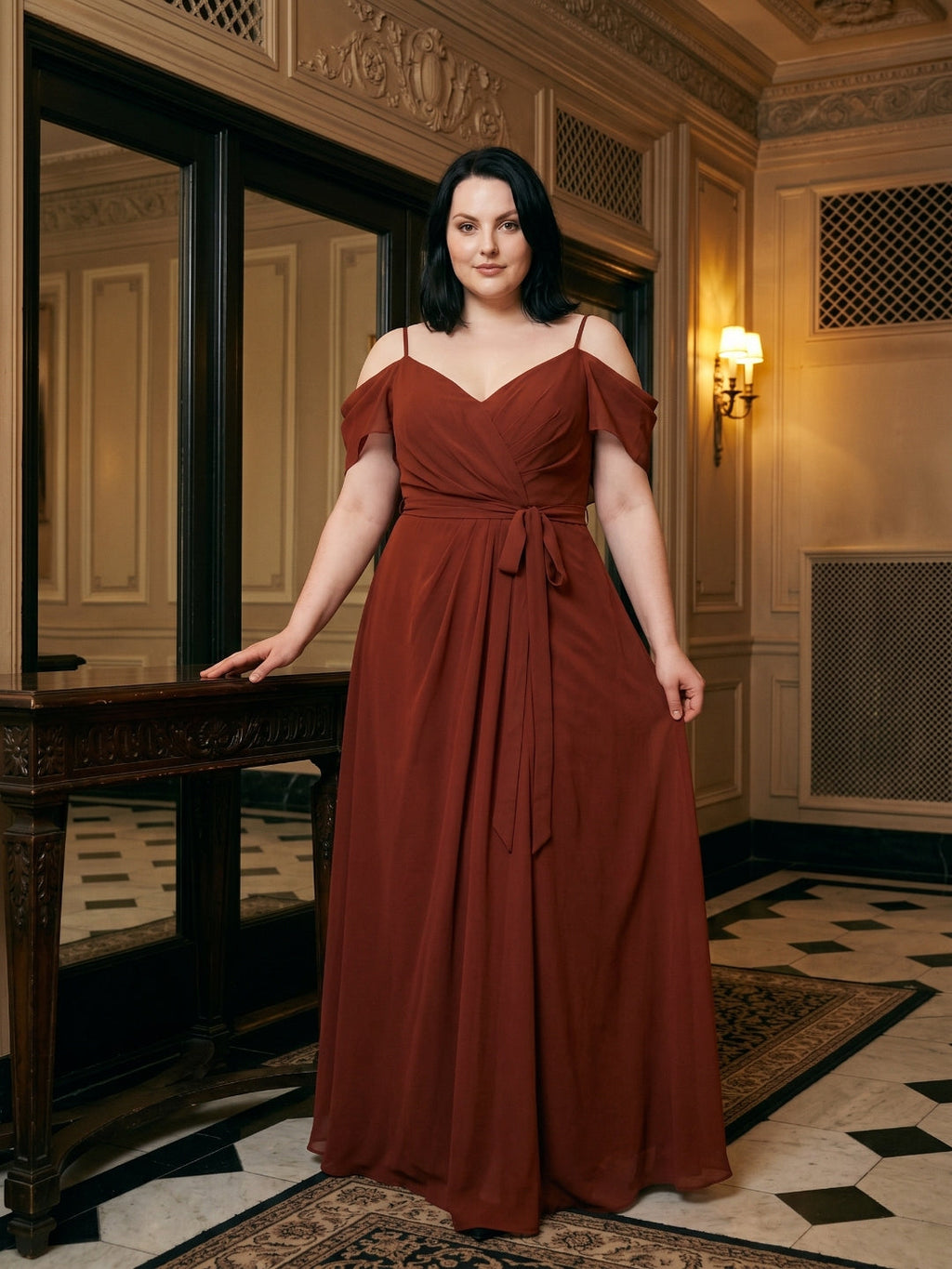 Burgundy Chiffon V-Neck Back Zip A-Line Ankle-Length Plus Size Bridesmaid Dress - Curvevia