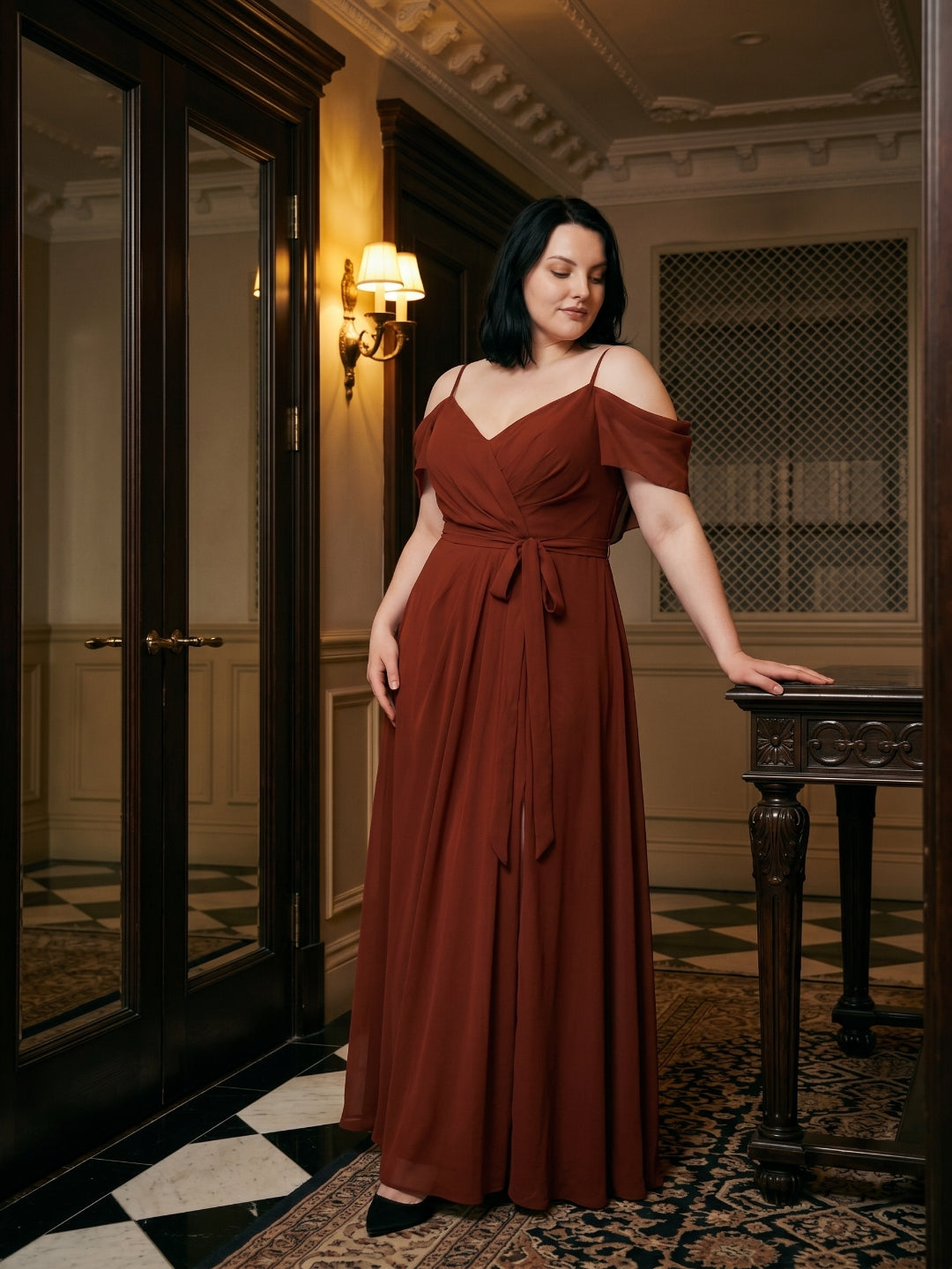 Burgundy Chiffon V-Neck Back Zip A-Line Ankle-Length Plus Size Bridesmaid Dress - Curvevia