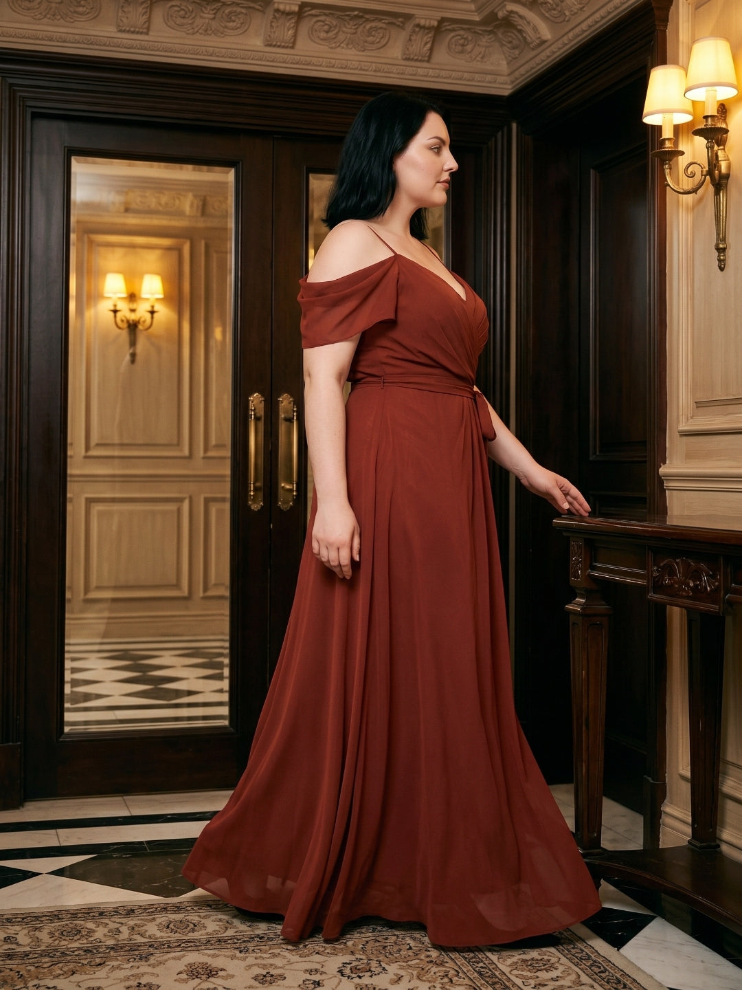 Burgundy Chiffon V-Neck Back Zip A-Line Ankle-Length Plus Size Bridesmaid Dress - Curvevia