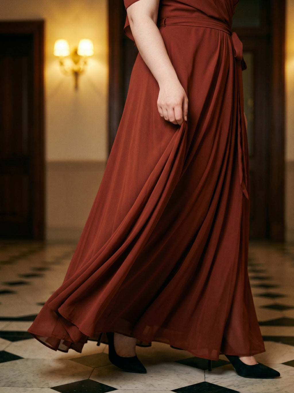 Burgundy Chiffon V-Neck Back Zip A-Line Ankle-Length Plus Size Bridesmaid Dress - Curvevia