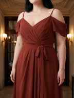Burgundy Chiffon V-Neck Back Zip A-Line Ankle-Length Plus Size Bridesmaid Dress - Curvevia