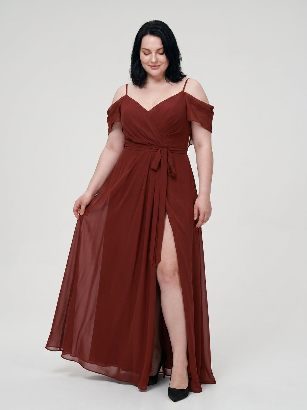 Burgundy Chiffon V-Neck Back Zip A-Line Ankle-Length Plus Size Bridesmaid Dress - Curvevia