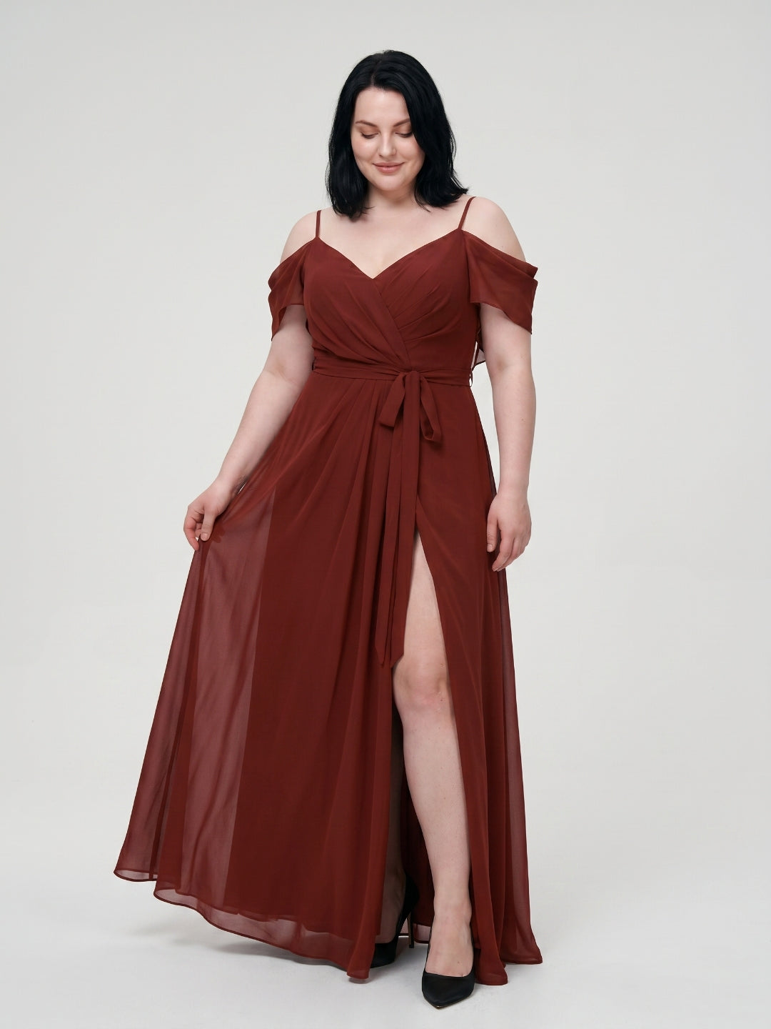 Burgundy Chiffon V-Neck Back Zip A-Line Ankle-Length Plus Size Bridesmaid Dress - Curvevia