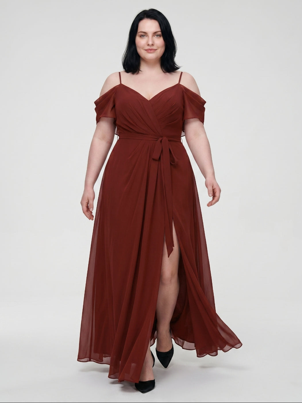 Burgundy Chiffon V-Neck Back Zip A-Line Ankle-Length Plus Size Bridesmaid Dress - Curvevia