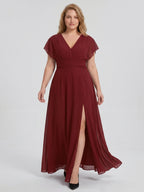 Burgundy Chiffon V-Neck Lace-up A-Line Ankle-Length Plus Size Bridesmaid Dress - Curvevia
