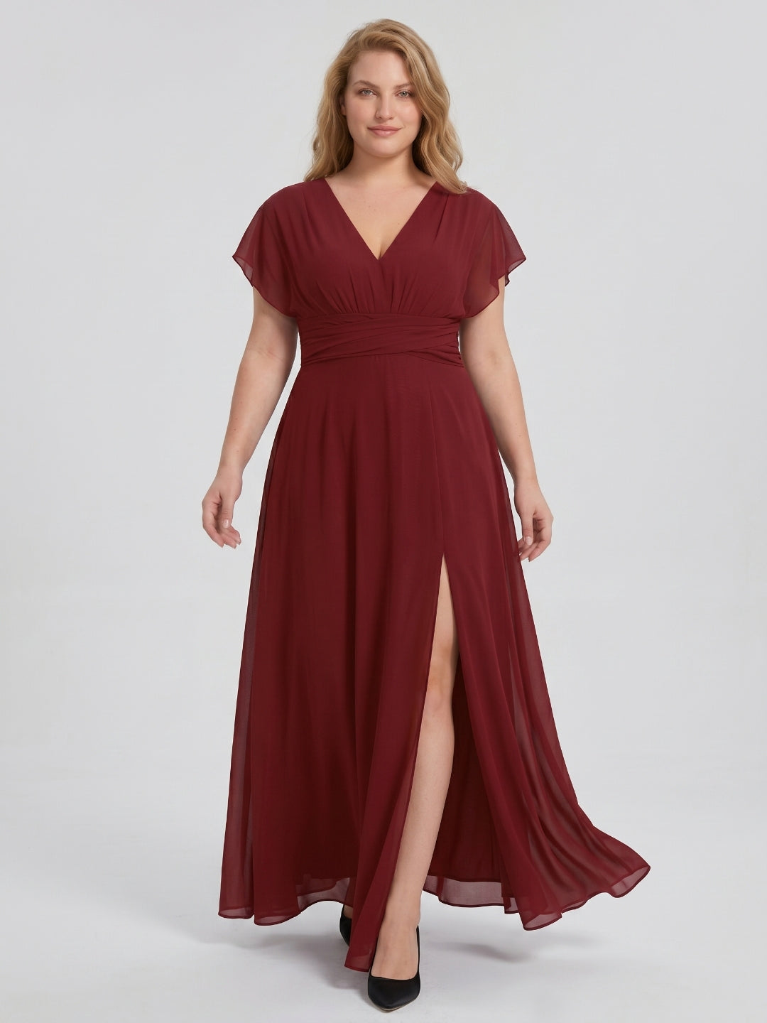 Burgundy Chiffon V-Neck Lace-up A-Line Ankle-Length Plus Size Bridesmaid Dress - Curvevia
