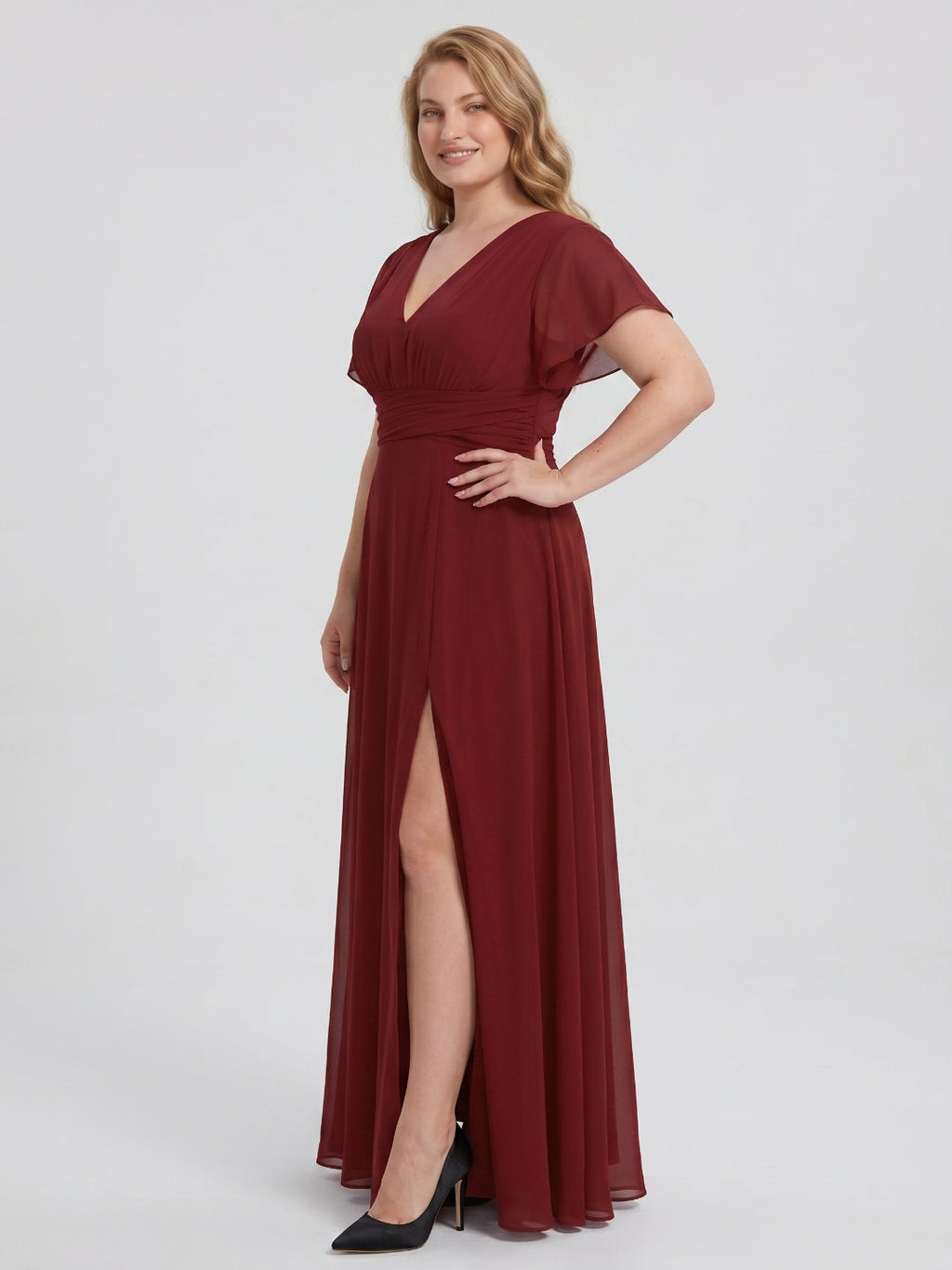Burgundy Chiffon V-Neck Lace-up A-Line Ankle-Length Plus Size Bridesmaid Dress - Curvevia