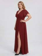 Burgundy Chiffon V-Neck Lace-up A-Line Ankle-Length Plus Size Bridesmaid Dress - Curvevia