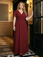 Burgundy Chiffon V-Neck Lace-up A-Line Ankle-Length Plus Size Bridesmaid Dress - Curvevia