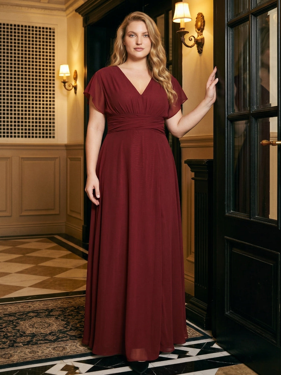 Burgundy Chiffon V-Neck Lace-up A-Line Ankle-Length Plus Size Bridesmaid Dress - Curvevia