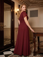 Burgundy Chiffon V-Neck Lace-up A-Line Ankle-Length Plus Size Bridesmaid Dress - Curvevia