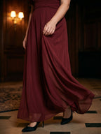 Burgundy Chiffon V-Neck Lace-up A-Line Ankle-Length Plus Size Bridesmaid Dress - Curvevia