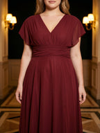 Burgundy Chiffon V-Neck Lace-up A-Line Ankle-Length Plus Size Bridesmaid Dress - Curvevia