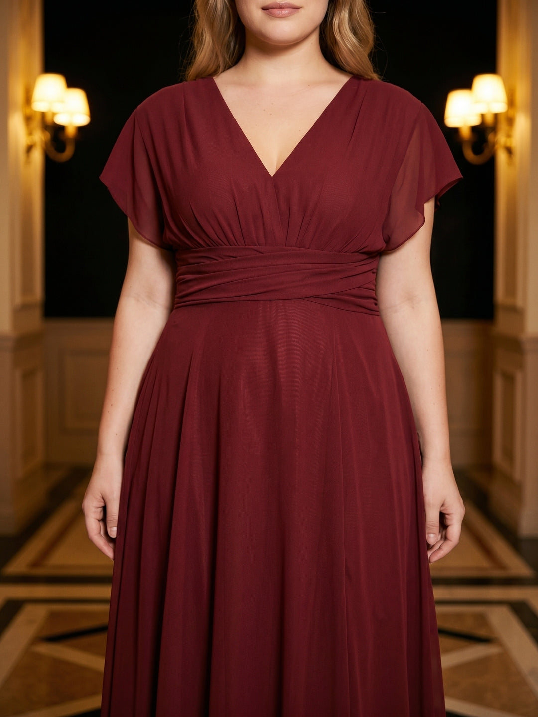 Burgundy Chiffon V-Neck Lace-up A-Line Ankle-Length Plus Size Bridesmaid Dress - Curvevia