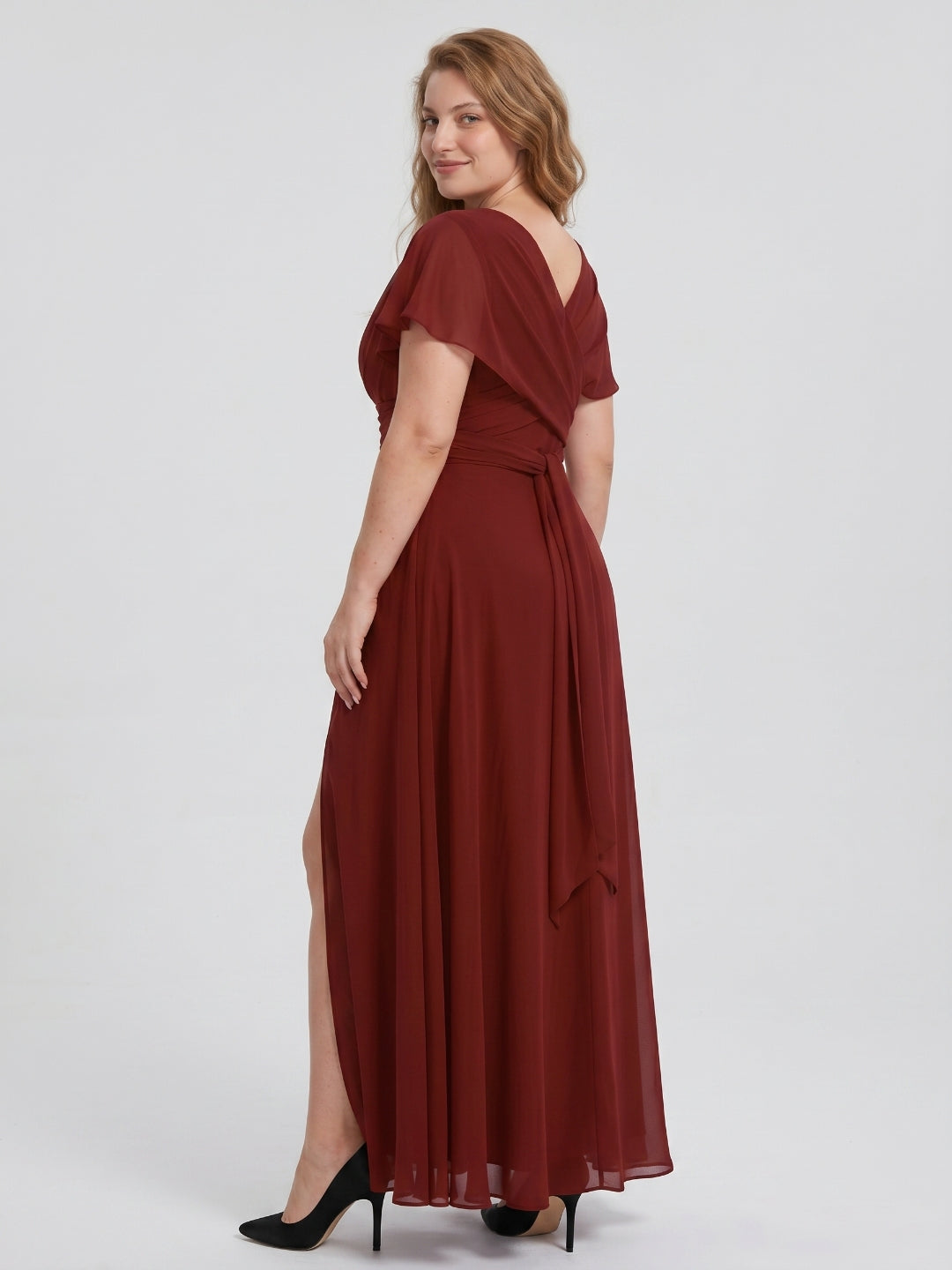 Burgundy Chiffon V-Neck Lace-up A-Line Ankle-Length Plus Size Bridesmaid Dress - Curvevia