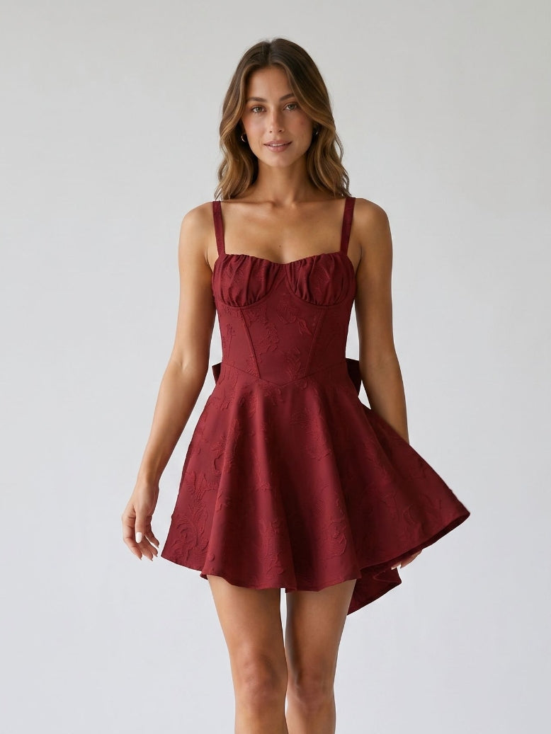 Burgundy Jacquard A-Line Square Neck Back Zip Short Dress with Bow - Curvevia