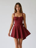 Burgundy Jacquard A-Line Square Neck Back Zip Short Dress with Bow - Curvevia