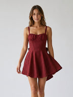 Burgundy Jacquard A-Line Square Neck Back Zip Short Dress with Bow - Curvevia
