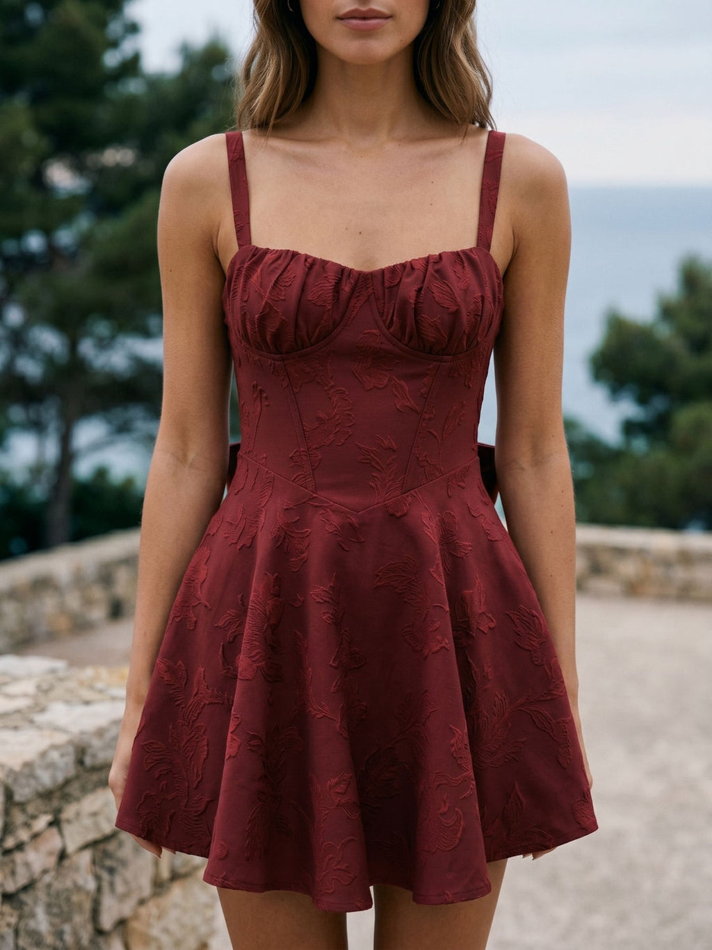 Burgundy Jacquard A-Line Square Neck Back Zip Short Dress with Bow - Curvevia