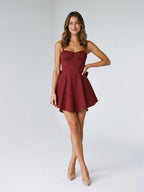 Burgundy Jacquard A-Line Square Neck Back Zip Short Dress with Bow - Curvevia