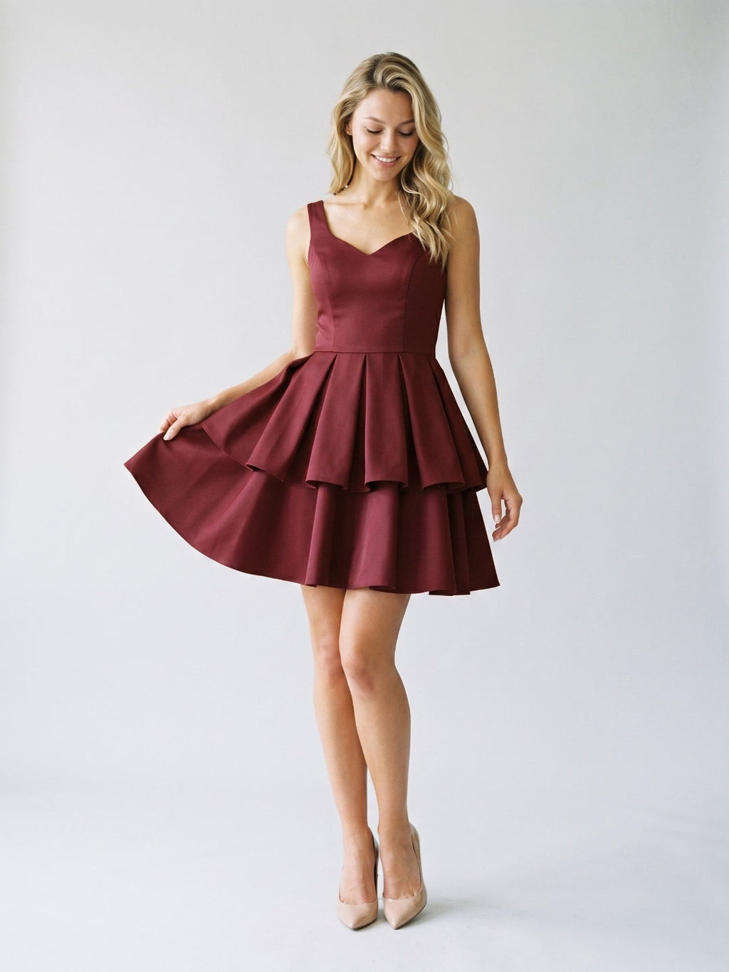 Burgundy Matte Satin A-Line V-Neck Back Zip Short Birthday Dress with Pleating - Curvevia