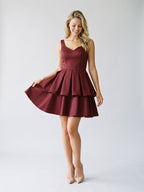 Burgundy Matte Satin A-Line V-Neck Back Zip Short Birthday Dress with Pleating - Curvevia